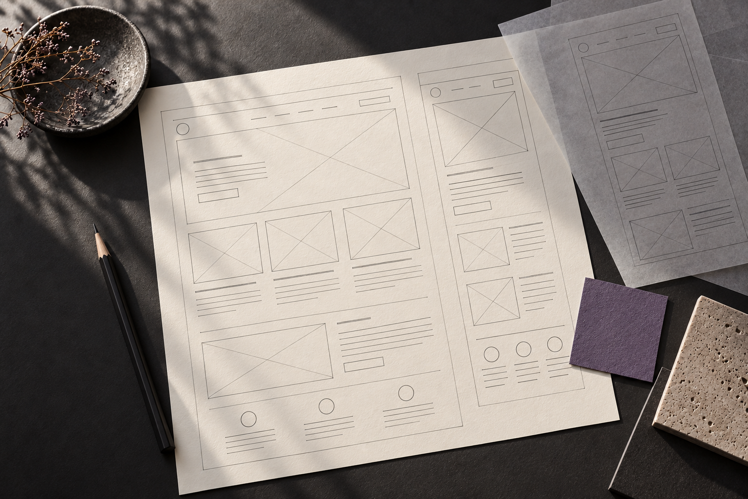 Exploración ilustrativa de una composición web a lápiz
