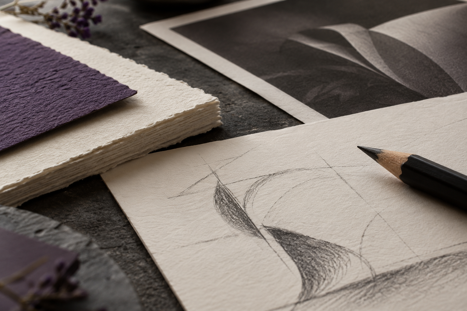 Detalle de papel, muestras violetas y trazos de grafito