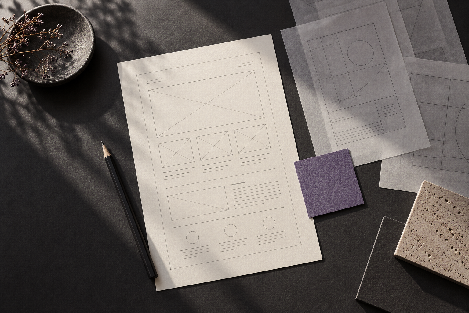Bocetos del portal sobre papel junto a materiales de trabajo