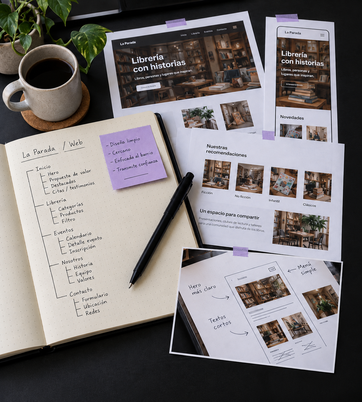 Cuaderno con un mapa de contenidos y pruebas impresas de una librería sobre una mesa oscura, con un estudio de diseño anotado en primer plano