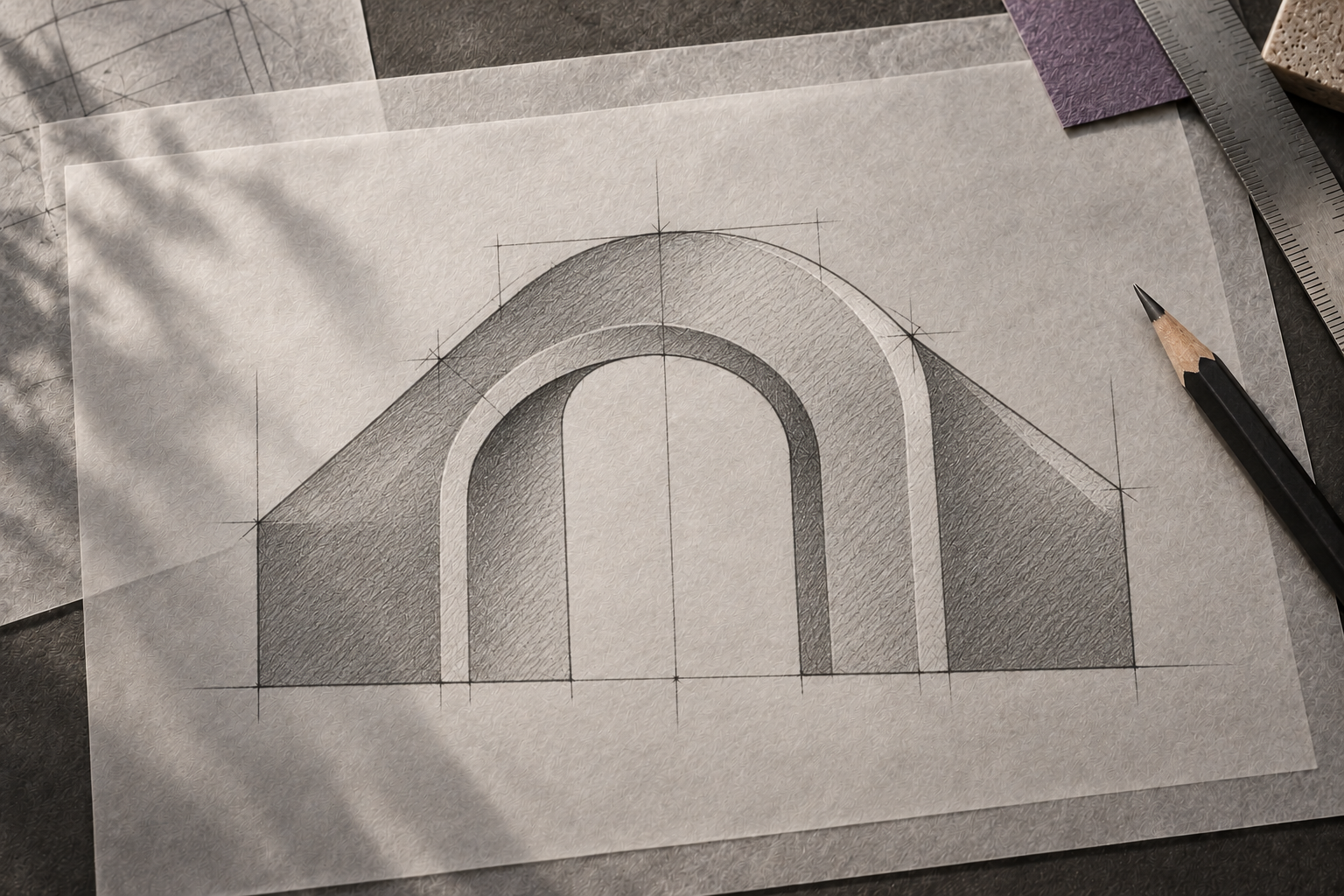 Estudio a grafito del portal de Degryh con ejes y guías relacionados con su geometría